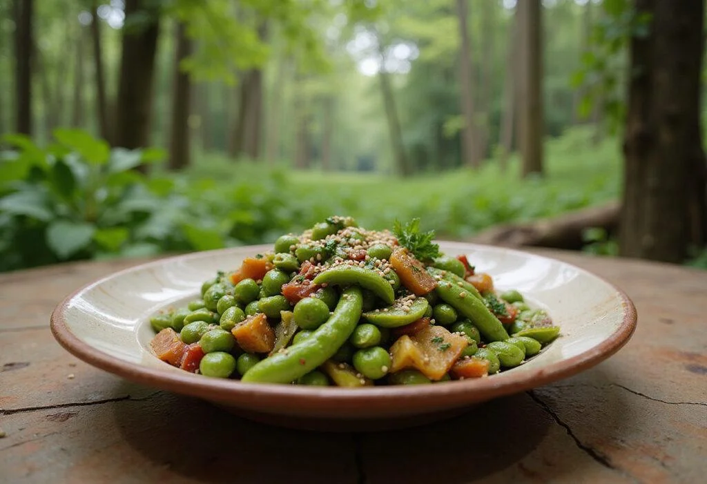 Close-up of Pumbaa's Edamame Salad served in a rustic bowl outdoors, featuring fresh edamame beans, chopped vegetables, and herbs, with jungle foliage visible behind, representing a scene from The Lion King.