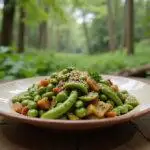 Close-up of Pumbaa's Edamame Salad served in a rustic bowl outdoors, featuring fresh edamame beans, chopped vegetables, and herbs, with jungle foliage visible behind, representing a scene from The Lion King.