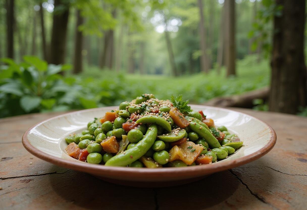 Close-up of Pumbaa's Edamame Salad served in a rustic bowl outdoors, featuring fresh edamame beans, chopped vegetables, and herbs, with jungle foliage visible behind, representing a scene from The Lion King.