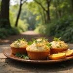 Close-up of Zazu's Morning Report Muffins presented on a decorative plate, with a backdrop of leafy jungle foliage and a wooden serving tray evoking the African savanna, highlighting the bright citrus flavor and colorful presentation inspired by The Lion King.
