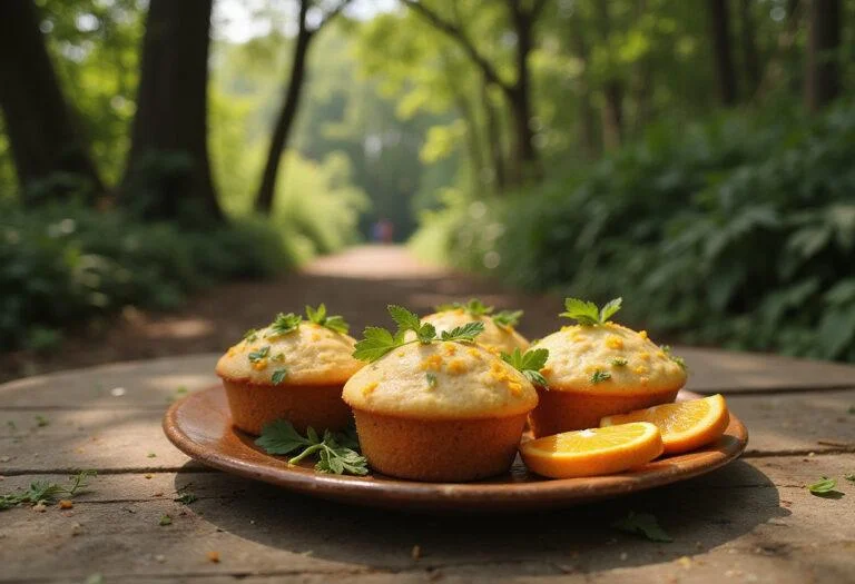 Close-up of Zazu's Morning Report Muffins presented on a decorative plate, with a backdrop of leafy jungle foliage and a wooden serving tray evoking the African savanna, highlighting the bright citrus flavor and colorful presentation inspired by The Lion King.