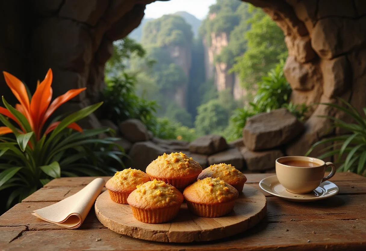 Scene showing Zazu's Morning Report Muffins placed on a table near Pride Rock, surrounded by tropical foliage and rocks, embodying a calm dawn moment in the Lion King universe with bright, natural lighting.