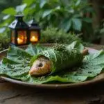 A realistic image of Elven Leaf-Wrapped Fish on a wooden table in a fantasy forest setting, with lush greenery and gentle glowing lanterns, highlighting the delicate green leaf wrapping and fresh herbs, inspired by Lord of the Rings fantasy food.