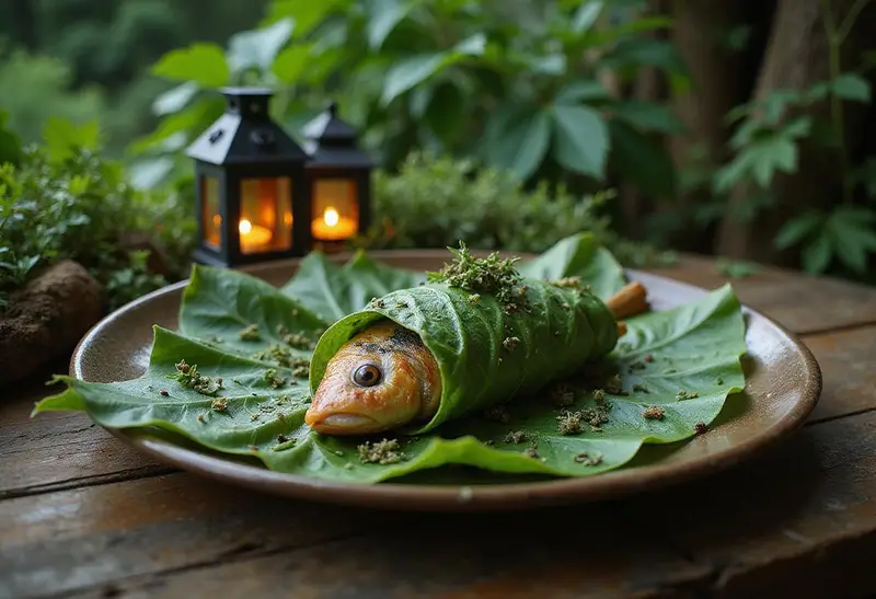 A realistic image of Elven Leaf-Wrapped Fish on a wooden table in a fantasy forest setting, with lush greenery and gentle glowing lanterns, highlighting the delicate green leaf wrapping and fresh herbs, inspired by Lord of the Rings fantasy food.