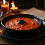 A close-up of the Eye of Sauron Red Pepper Dip on a medieval-style wooden table, showcasing the vibrant red, eye-shaped dip with a black ring around it. Surrounding the dish are fantasy-inspired decorations like ancient scrolls, a small dragon figurine, and flickering candles, creating an immersive Middle-earth atmosphere suitable for a fantasy appetizer presentation.