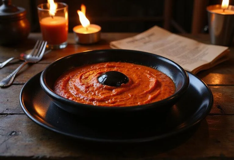 A close-up of the Eye of Sauron Red Pepper Dip on a medieval-style wooden table, showcasing the vibrant red, eye-shaped dip with a black ring around it. Surrounding the dish are fantasy-inspired decorations like ancient scrolls, a small dragon figurine, and flickering candles, creating an immersive Middle-earth atmosphere suitable for a fantasy appetizer presentation.