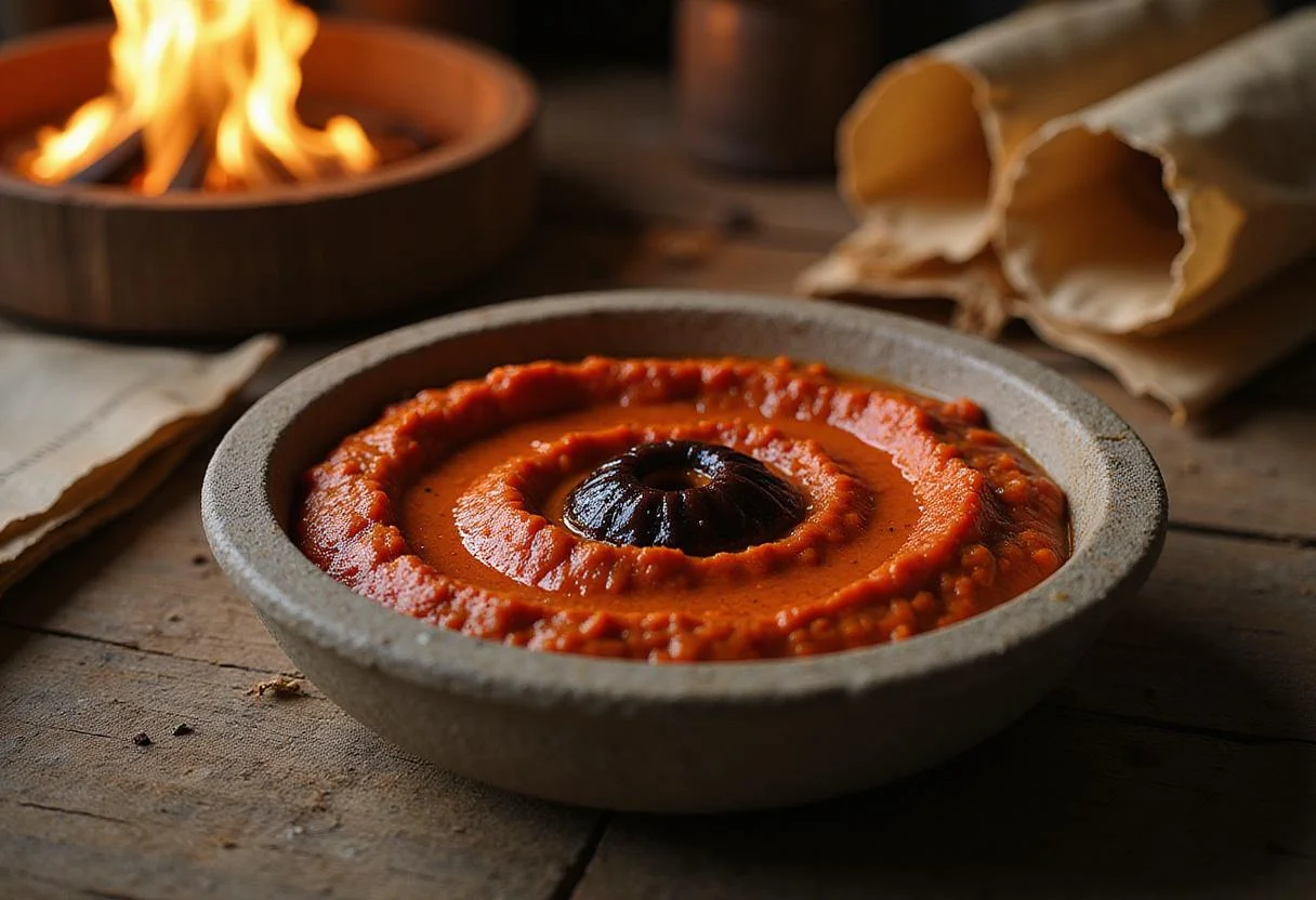 A realistic image of the Eye of Sauron Red Pepper Dip presented in a stone bowl on a wooden table, surrounded by medieval-themed decorations like scrolls and candles. The vivid, fiery red dip resembles a watchful eye from the Lord of the Rings, creating an immersive fantasy atmosphere perfect for a themed appetizer.