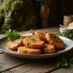 Close-up of crispy Gollum's Precious Fish Sticks served on a rustic plate with herbs and dipping sauce, set against a Middle-earth-inspired scene with mossy cave walls and vintage utensils, reflecting Lord of the Rings fantasy food themes.