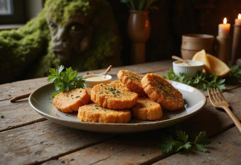Close-up of crispy Gollum's Precious Fish Sticks served on a rustic plate with herbs and dipping sauce, set against a Middle-earth-inspired scene with mossy cave walls and vintage utensils, reflecting Lord of the Rings fantasy food themes.