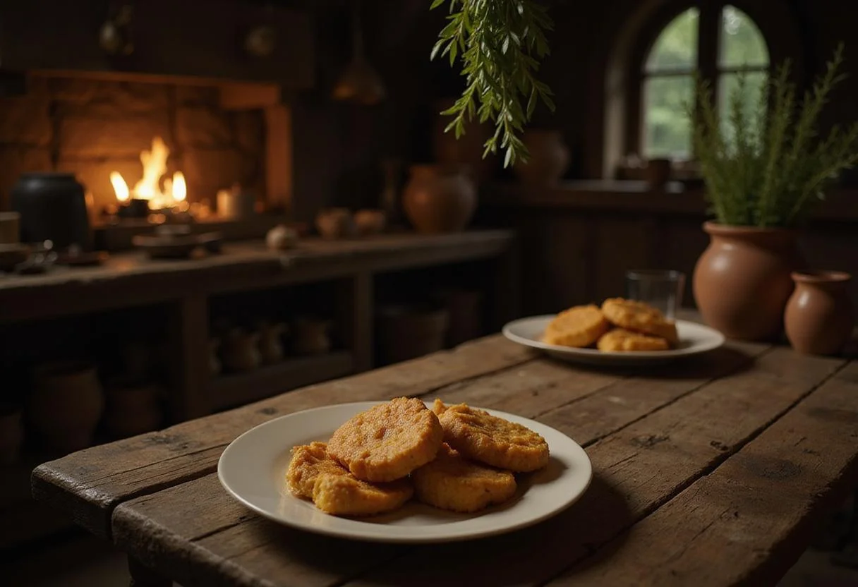 Inside a Hobbit-style kitchen with a wooden table holding a plate of crispy fish sticks, surrounded by rustic pottery and hanging herbs, creating a warm, fantasy-inspired scene from The Lord of the Rings.