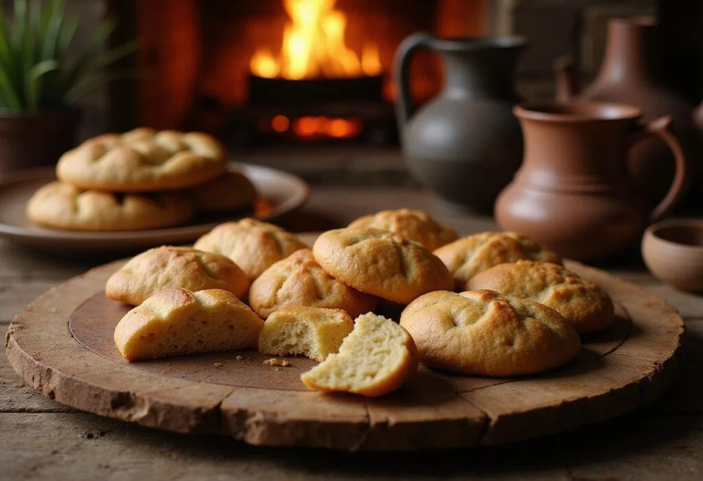 Close-up of Lembas Bread Cookies resting on a rustic wooden platter within a hobbit hole setting, showing their golden color and rectangular shape, surrounded by cozy Hobbit-hole details like pottery and a warm fire.