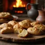 Close-up of Lembas Bread Cookies resting on a rustic wooden platter within a hobbit hole setting, showing their golden color and rectangular shape, surrounded by cozy Hobbit-hole details like pottery and a warm fire.