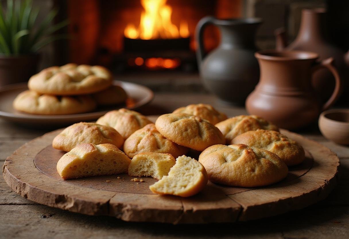 Close-up of Lembas Bread Cookies resting on a rustic wooden platter within a hobbit hole setting, showing their golden color and rectangular shape, surrounded by cozy Hobbit-hole details like pottery and a warm fire.