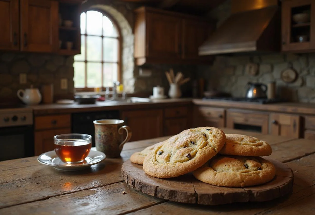 Scene of Lembas Bread Cookies set on a wooden table in a Hobbit-style kitchen, with sunlight streaming through a window, evoking a cozy, fantasy food environment inspired by The Lord of the Rings.