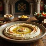 A detailed image of Minas Tirith White City Hummus served on a rustic wooden table, decorated with herbs, olive oil drizzle, and spices, evoking the fantasy setting of Lord of the Rings. The background includes medieval banners and stone architecture reminiscent of a grand hall in Minas Tirith, creating an immersive Middle-earth atmosphere.