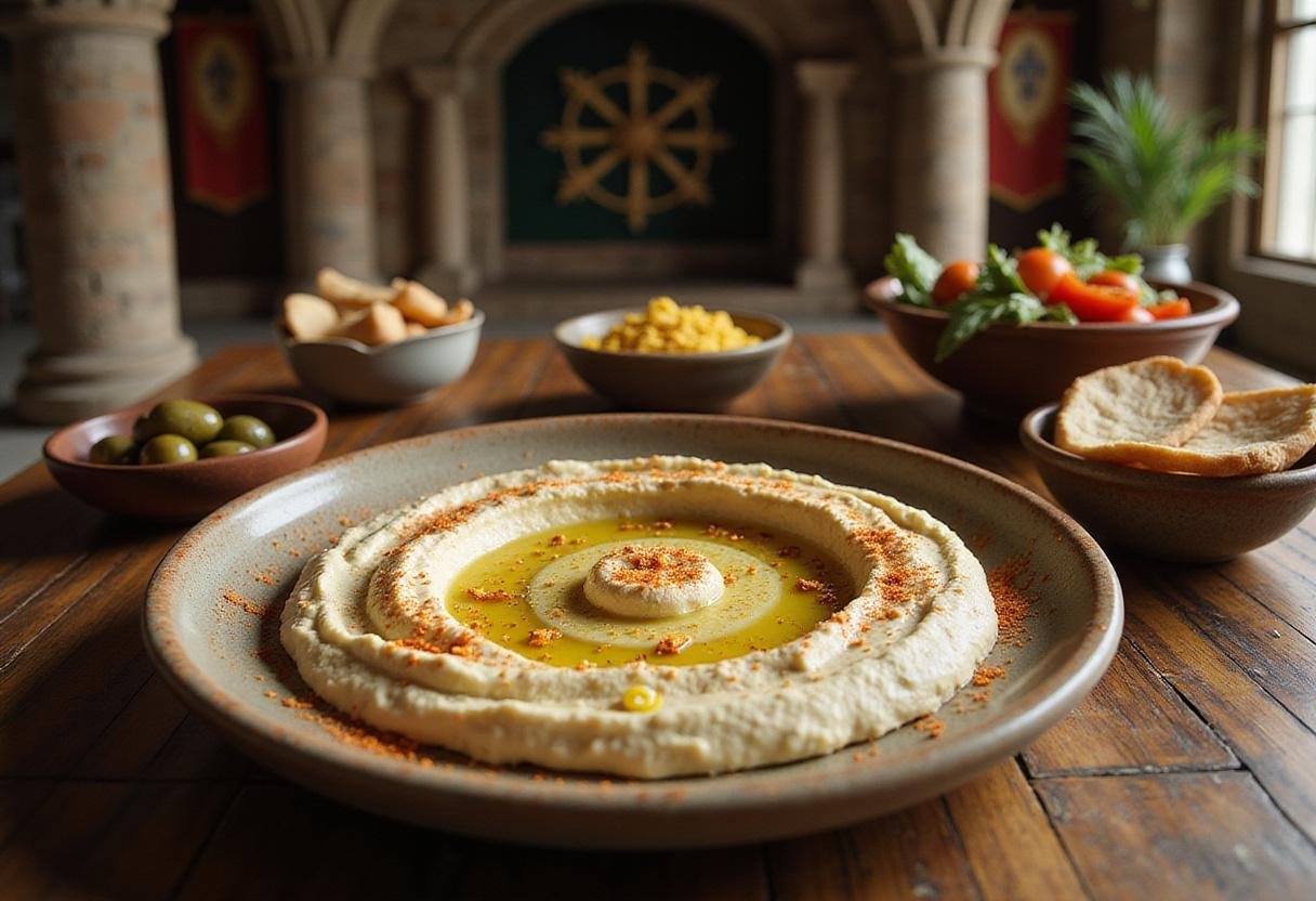 A detailed image of Minas Tirith White City Hummus served on a rustic wooden table, decorated with herbs, olive oil drizzle, and spices, evoking the fantasy setting of Lord of the Rings. The background includes medieval banners and stone architecture reminiscent of a grand hall in Minas Tirith, creating an immersive Middle-earth atmosphere.