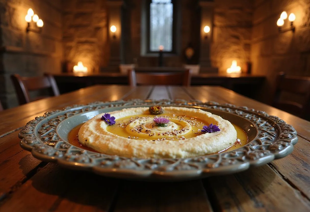 A realistic image showcasing Minas Tirith White City Hummus artfully plated on a decorative platter, garnished with herbs and spices, in a medieval-style feast hall environment. The scene incorporates stone walls and candlelight, capturing the essence of a Middle-earth-inspired feast with a focus on the appetizer presentation.