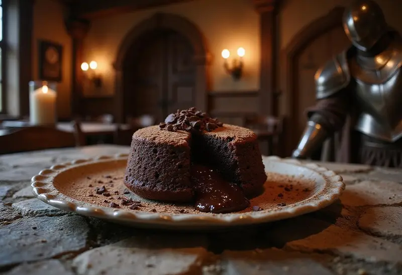 A realistic scene showing a molten chocolate cake inspired by Mordor, with a dark, glowing center on a rustic wooden table, surrounded by flickering candles. The background features medieval armor and rugged stone walls, creating a fantasy Middle-earth atmosphere.
