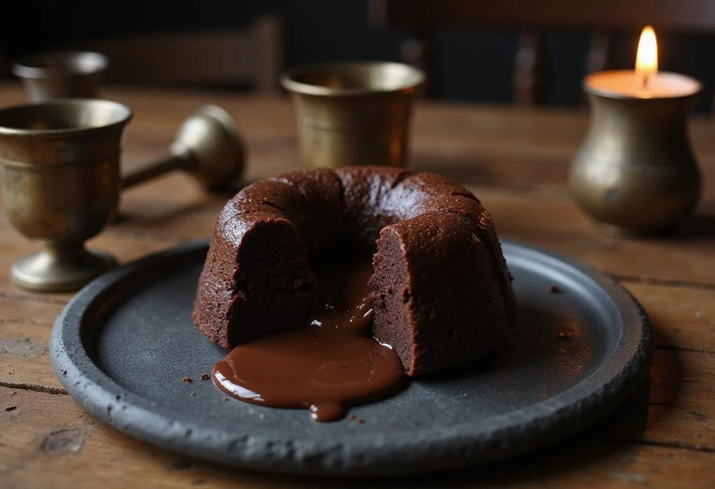 A close-up of a molten Mordor chocolate cake with a flowing dark center on a rustic wooden table, illuminated by candlelight, with medieval-style goblets nearby, capturing the fantasy world of Lord of the Rings.
