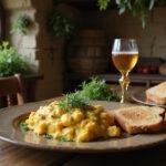 A photo of The Lord of the Rings Second Breakfast Scramble served on a rustic plate, complemented by a goblet of cider and slices of bread in a cozy hobbit-style kitchen setting, emphasizing a fantasy breakfast scene.