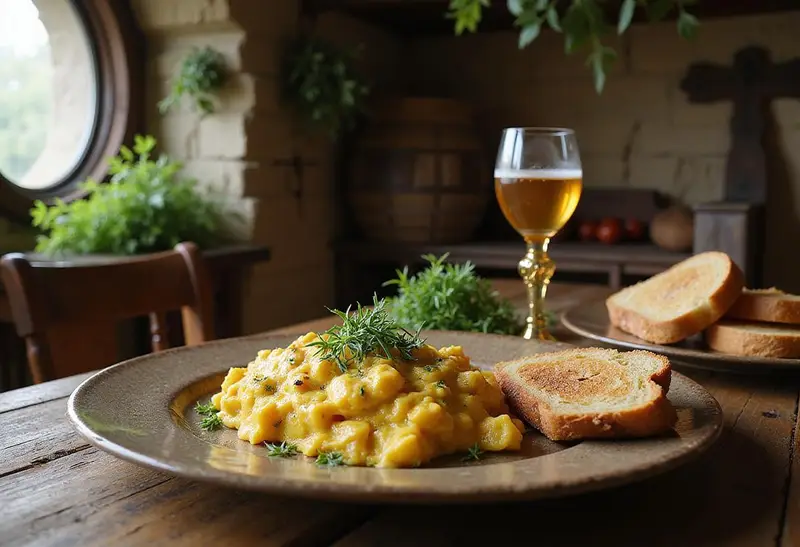A photo of The Lord of the Rings Second Breakfast Scramble served on a rustic plate, complemented by a goblet of cider and slices of bread in a cozy hobbit-style kitchen setting, emphasizing a fantasy breakfast scene.