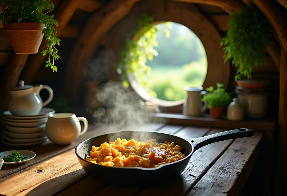 An immersive scene of a steaming Second Breakfast Scramble in a cozy hobbit kitchen, with a view of a green garden outside and herbs hanging from the ceiling, capturing a peaceful fantasy breakfast moment.