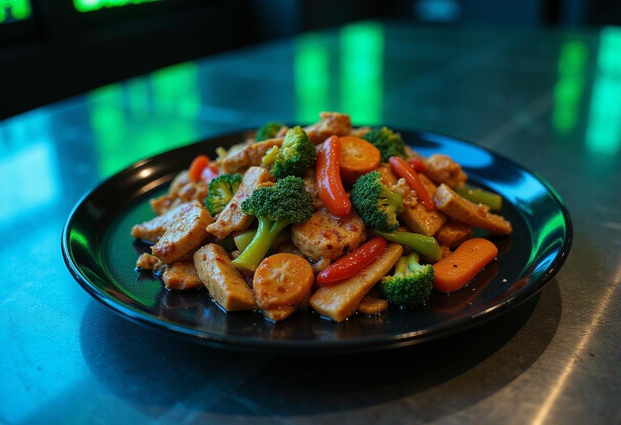 Close-up of Neo's Chosen One Chicken Stir-fry plated beautifully, showcasing the vivid vegetables and tender chicken coated in a glossy sauce. The presentation is set on a modern, high-tech kitchen counter with subtle digital motifs and cool lighting evoking the cyber environment of the Matrix universe.