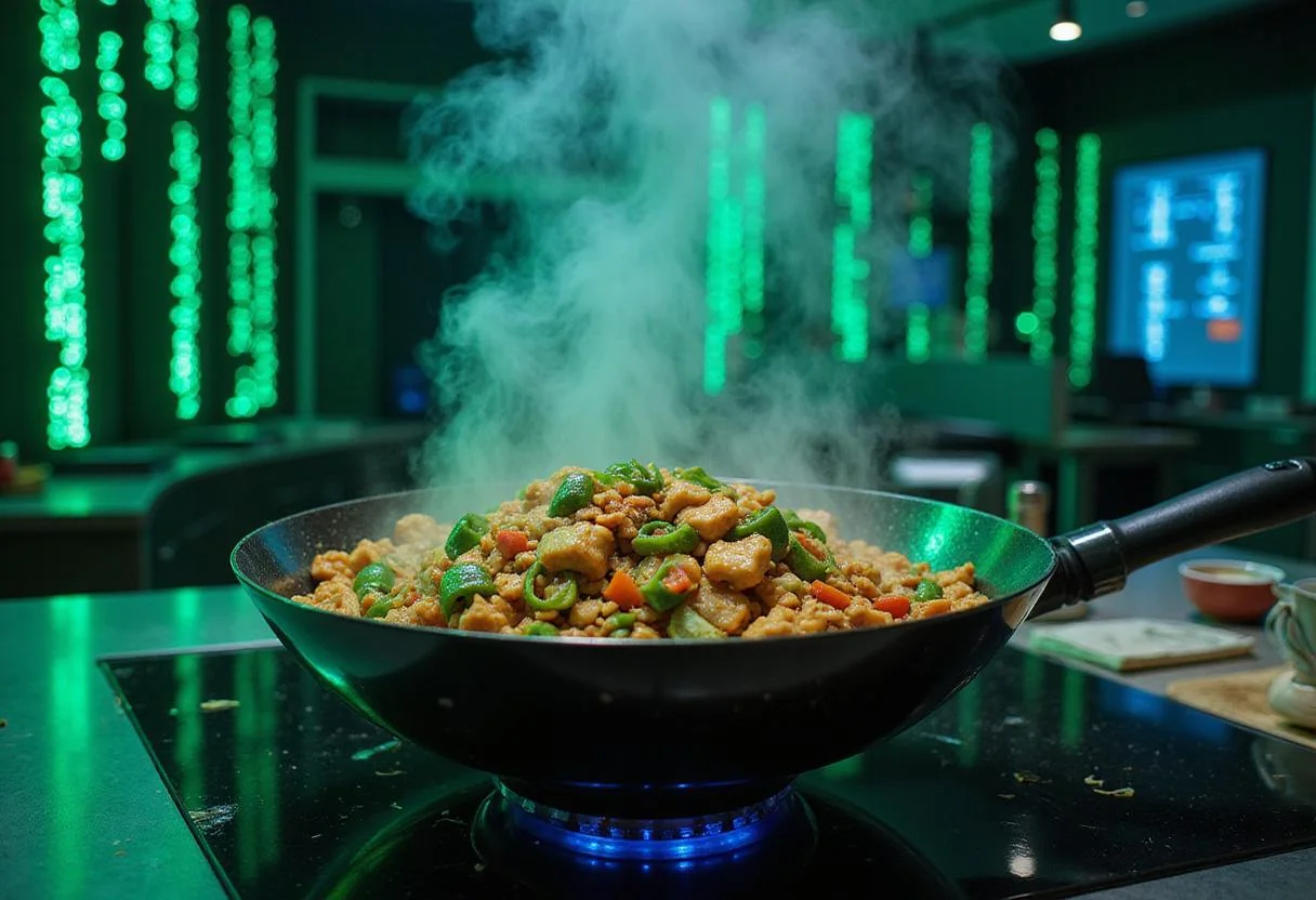 Immersive scene of a futuristic kitchen with neon green digital code flowing on screens or walls. The Neo chicken stir-fry is being cooked in a sleek wok, with vibrant ingredients catching the light, capturing the essence of a high-tech, movie-inspired food preparation environment.