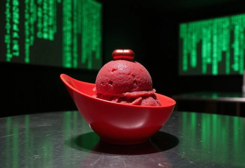Close-up of a glossy raspberry sorbet in a futuristic setting inspired by the Matrix. The sorbet is beautifully plated with a shiny red candy pill on top, sitting on a reflective surface with green matrix-style code projected in the background, evoking a high-tech, movie-themed dessert presentation.