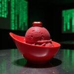 Close-up of a glossy raspberry sorbet in a futuristic setting inspired by the Matrix. The sorbet is beautifully plated with a shiny red candy pill on top, sitting on a reflective surface with green matrix-style code projected in the background, evoking a high-tech, movie-themed dessert presentation.