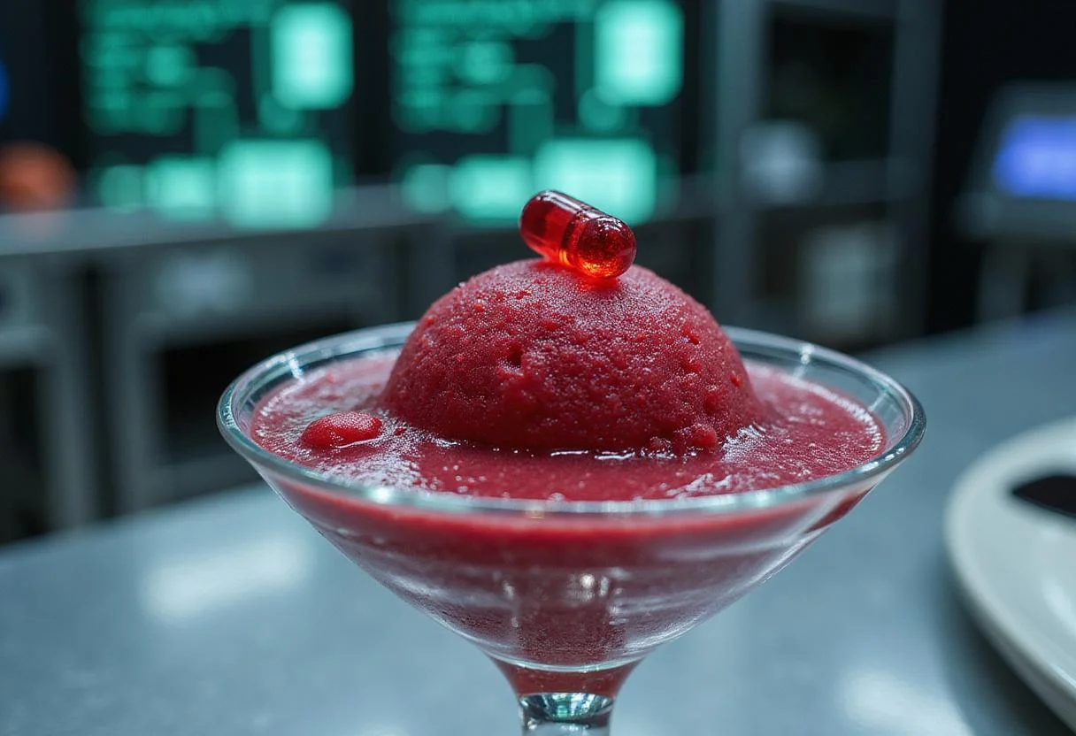 In a futuristic kitchen scene, a clear dish showcases a perfectly shaped raspberry sorbet with a shiny red pill candy on top. The background includes digital interfaces and glowing green code inspired by the Matrix, creating a high-tech atmosphere for this movie-themed dessert.