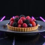 A realistic image of Trinity's Tri-Berry Tart, featuring a golden-brown crust topped with colorful fresh berries glistening with glaze, served on a modern dark plate. The setting includes futuristic design elements like metallic surfaces and neon accents, evoking the aesthetic of the Matrix movie series.