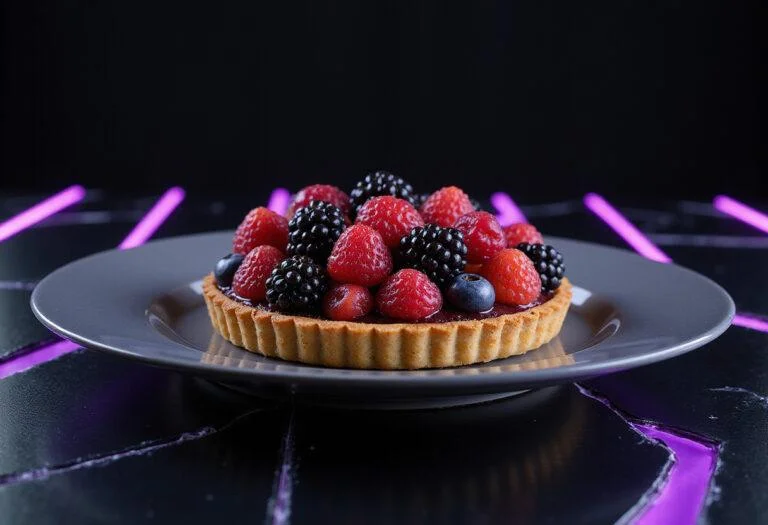 A realistic image of Trinity's Tri-Berry Tart, featuring a golden-brown crust topped with colorful fresh berries glistening with glaze, served on a modern dark plate. The setting includes futuristic design elements like metallic surfaces and neon accents, evoking the aesthetic of the Matrix movie series.