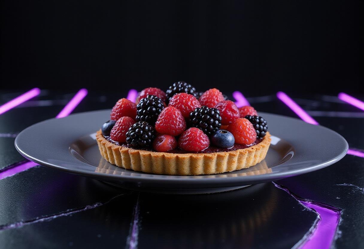 A realistic image of Trinity's Tri-Berry Tart, featuring a golden-brown crust topped with colorful fresh berries glistening with glaze, served on a modern dark plate. The setting includes futuristic design elements like metallic surfaces and neon accents, evoking the aesthetic of the Matrix movie series.