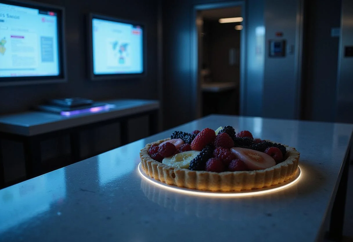 An immersive scene of Trinity's Tri-Berry Tart placed on a high-tech table in a futuristic room filled with glowing screens and metallic surfaces, highlighting the tart in a cyberpunk-inspired setting reminiscent of the Matrix universe.