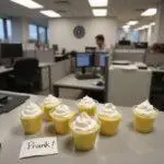 A detailed image of Jim's Prank Pudding Cups placed on an office desk, featuring creamy pudding topped with whipped cream and a humorous note. The scene includes office essentials like a computer, phone, and sticky notes, highlighting the playful spirit of The Office TV show.