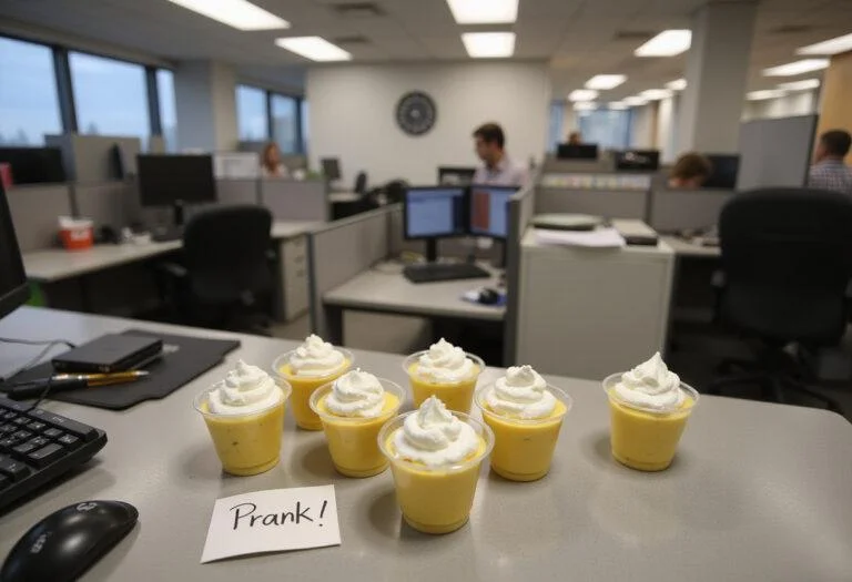 A detailed image of Jim's Prank Pudding Cups placed on an office desk, featuring creamy pudding topped with whipped cream and a humorous note. The scene includes office essentials like a computer, phone, and sticky notes, highlighting the playful spirit of The Office TV show.