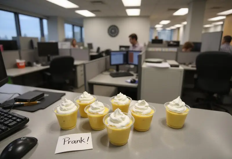 A detailed image of Jim's Prank Pudding Cups placed on an office desk, featuring creamy pudding topped with whipped cream and a humorous note. The scene includes office essentials like a computer, phone, and sticky notes, highlighting the playful spirit of The Office TV show.