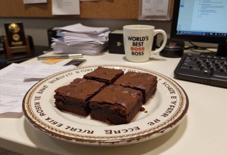 Realistic image of Michael Scott's World's Best Boss Brownies on an office desk, featuring freshly sliced brownies with shiny chocolate top, surrounded by office supplies, a 'World's Best Boss' mug, and a Dundie Award, in an office environment inspired by The Office TV show.