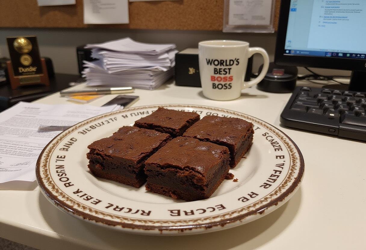 Realistic image of Michael Scott's World's Best Boss Brownies on an office desk, featuring freshly sliced brownies with shiny chocolate top, surrounded by office supplies, a 'World's Best Boss' mug, and a Dundie Award, in an office environment inspired by The Office TV show.