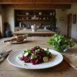 A close-up of Schrute Farms Beet Salad on a rustic plate, featuring vibrant roasted beets, fresh greens, and crumbled cheese, displayed in the farmhouse setting inspired by The Office show, emphasizing natural and fresh ingredients.