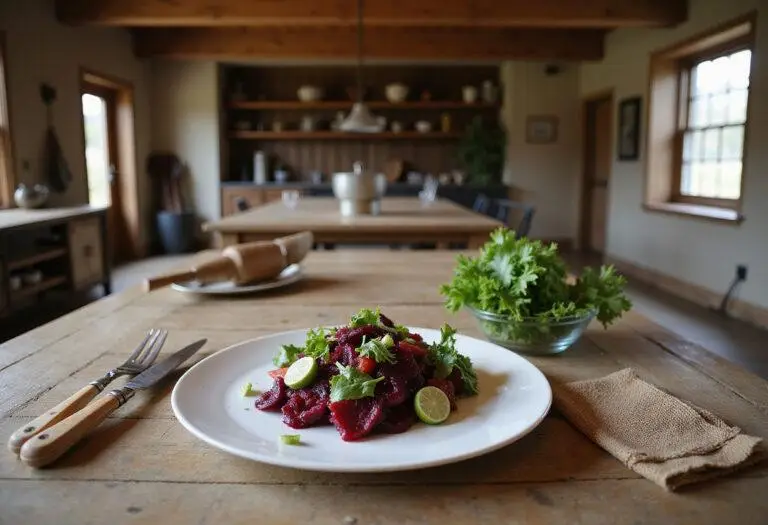 A close-up of Schrute Farms Beet Salad on a rustic plate, featuring vibrant roasted beets, fresh greens, and crumbled cheese, displayed in the farmhouse setting inspired by The Office show, emphasizing natural and fresh ingredients.