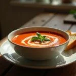 A cozy scene showing a bowl of Emma Watson's Sam's Soothing Tomato Soup on a wooden table, garnished with basil and cream, with a slice of bread nearby. The setting reflects a warm, homey kitchen inspired by 'The Perks of Being a Wallflower,' emphasizing comfort and nostalgia.