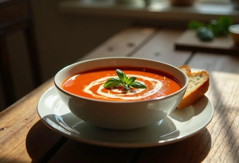 A cozy scene showing a bowl of Emma Watson's Sam's Soothing Tomato Soup on a wooden table, garnished with basil and cream, with a slice of bread nearby. The setting reflects a warm, homey kitchen inspired by 'The Perks of Being a Wallflower,' emphasizing comfort and nostalgia.