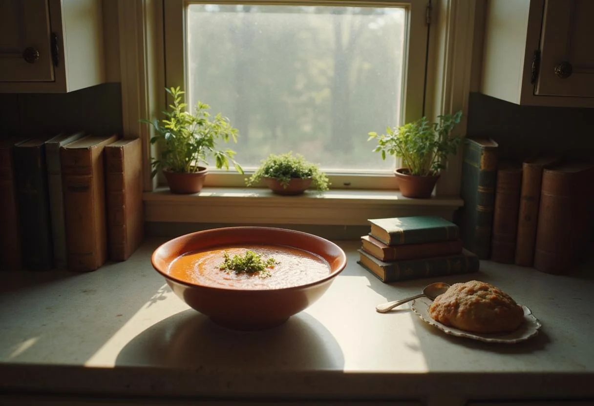 A scene showing a bowl of tomato soup on a kitchen counter surrounded by books and herbs, with warm sunlight coming through a window. The environment evokes a nostalgic, comforting feeling from the setting of 'The Perks of Being a Wallflower.'