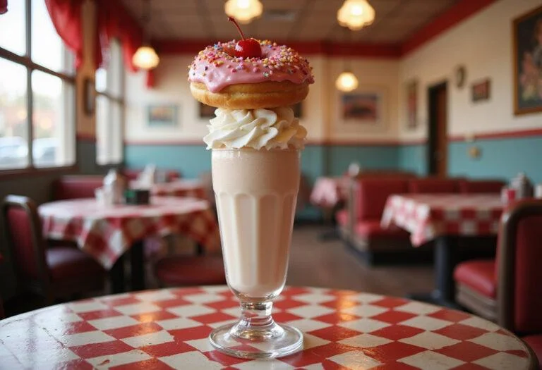 A detailed picture of a Lard Lad Donut Milkshake in a classic American diner, featuring a large pink donut on top of the milkshake glass, whipped cream, and sprinkles. The background highlights vintage decor and a welcoming, cheerful vibe reminiscent of The Simpsons' setting.