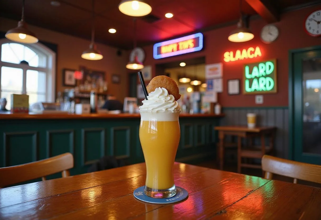 An immersive scene at Moe's Tavern showing a big Lard Lad Donut Milkshake on a wooden table, with neon signs and bar décor in the background, creating a lively and nostalgic cartoon-style environment perfect for enjoying this themed dessert.