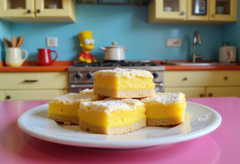 Realistic image of Milhouse's Lemon Bars on a plate in a vibrant cartoon-style kitchen inspired by The Simpsons, featuring a colorful countertop and familiar Springfield-themed decorations.