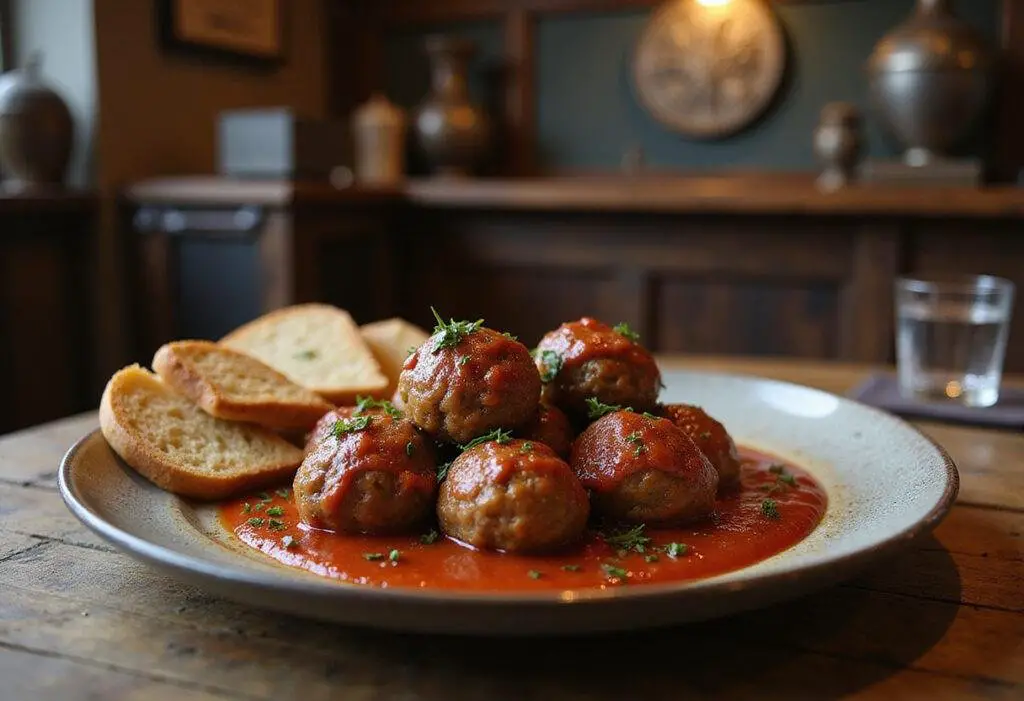 Photorealistic dish of Thor's Chris Hemsworth Mighty Meatballs served on a wooden platter, featuring plump meatballs with tomato sauce and herbs. The setting resembles a Norse-inspired feast hall, reflecting the Marvel Thor universe with metallic decor and Viking symbols.