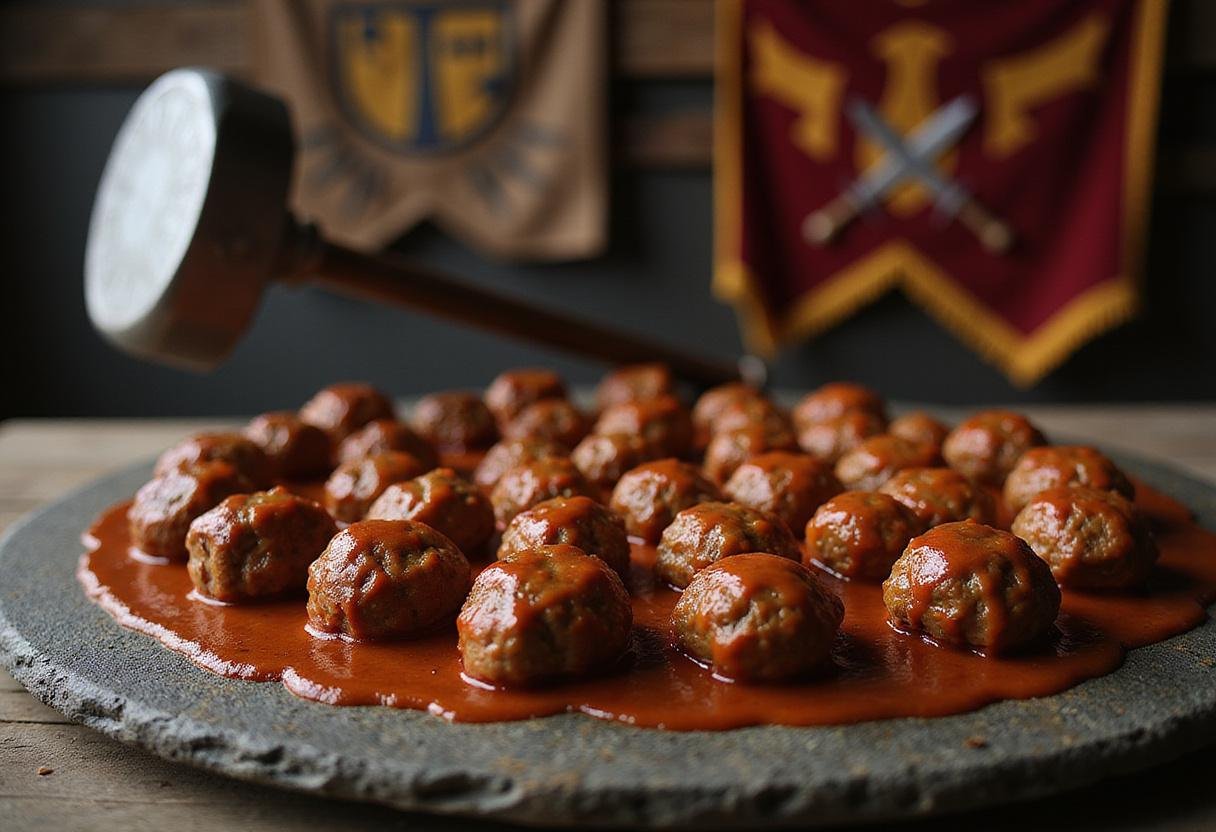 Realistic scene showing Thor's meatballs on a stone platter in a Viking hall, with Thor's hammer and Norse decorations in the background. The image emphasizes the hearty, flavorful appearance of the meatballs within a Marvel-inspired setting.